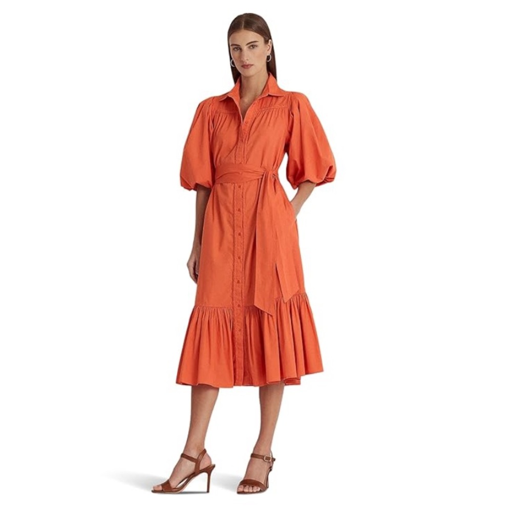 Lauren Ralph Lauren Orange Belted Broadcloth Dress